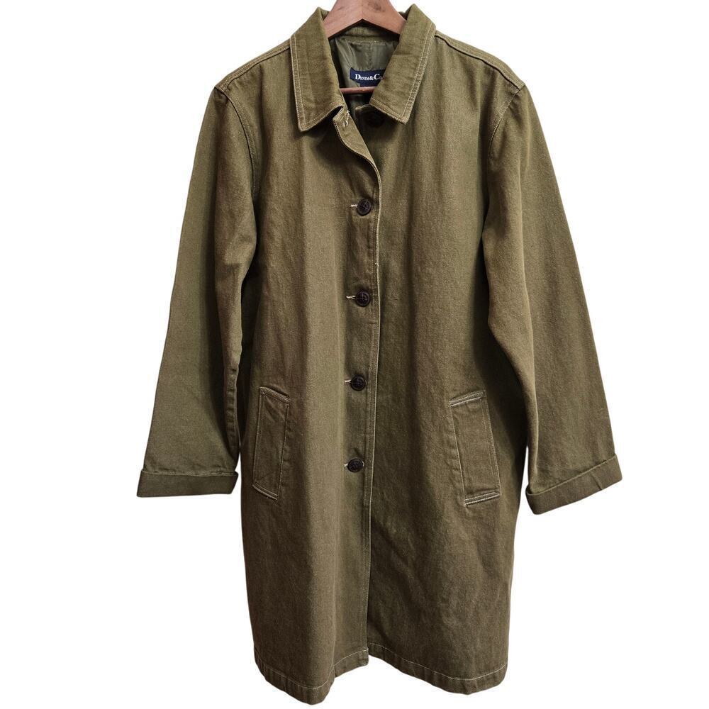 Denim & Co. Trench Coat Olive Green Sz L Lagenlook Minimalist Grunge Goblincore
